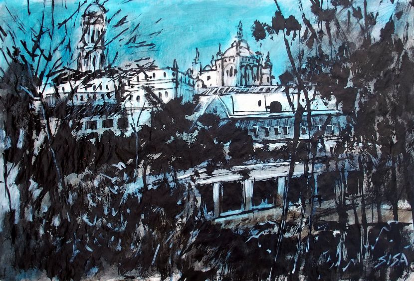 KIEW - BLICK AUF DAS HÖHLENKLOSTER, Acryl auf Papier, 70 x 97 cm